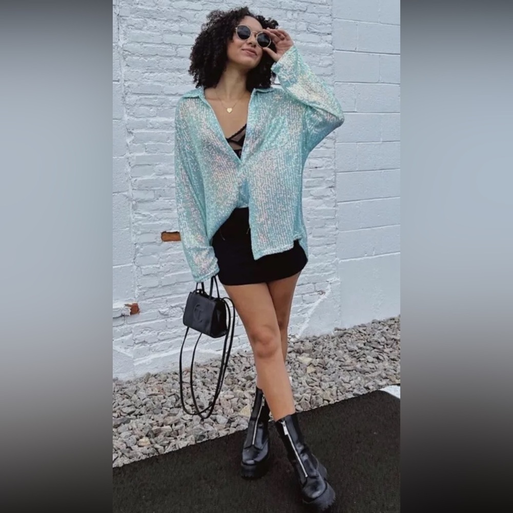 POL Sequin Blouse Shirt Aqua Blue Anthropologie Party Button Up Sz M NEW